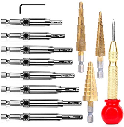 Loboo Idea Woodworking Drilling Tools Hinge Drill 8pcs Door Window Cabinet Hinge Drill Hole Opener with Hex Wrench 3pcs 4-12 20 32mm HSS Titanium Coated Step Drill Bit,1 Automatic Center Punch