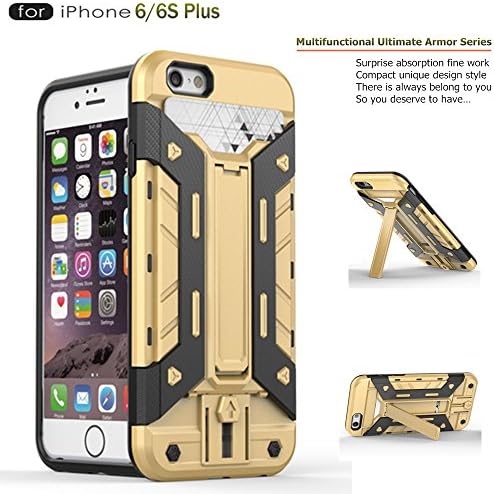 iPhone 6 6S Plus Case, Rugged Shockproof Dropproof Dual Layer Buffer Absorb Eliminate Tough Bumper Hybrid Armor Cover,Defender Kickstand Ultra Thin Self Stand Bracket for iPhone 5.5 inch-gold