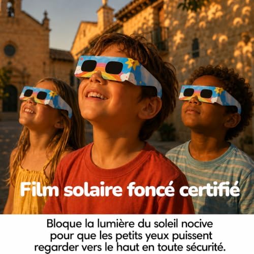 Lunettes Eclipse Solaire 2026 pour enfants – Lot de 10 Paires Premium avec 2 Filtres Solaires pour Smartphone, Lunettes Eclipse Solaire ISO 12312-2,CE Protection des Yeux pour l'Observation du Soleil