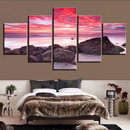 QThxqa Lienzo arte de la pared Cuadros Sala Marco 5 unidades Llama Sunset Glow Beach Seascape pinturas HD impresiones Decoración para el hogar