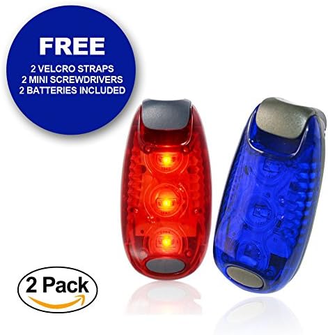 ClipOn Safety Light | 2 Pcs Clip On Flashing Strobe Lights for Runner Bicycle Rider Dog Kid Walker Jogger | Super Bright Nightime Visibility Reflective Gear with Straps and Mini Screwdriver | Blue Red