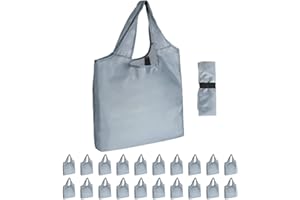 Aricsen 20 Pack 15x4.5x15 Inch Grey Reusable Shopping Bags with Handles Bulk, Foldable Xlarge Grocery Bags Heavy Duty 50 LBS Machine Washable for Pocket Nylon Tote, Polyester Fabric Cloth