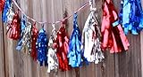 Election Decorations Patriotic Metallic Garland on (16 Tassels Per Package) Red White Blue 8 ft Ribbon, Pre-Assembled Party Décor 4th of July Memorial Day Banner Primary Military Ceremony