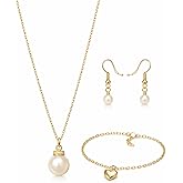 Pearl Pendant Necklace with Heart Charm Bracelet and Pearl Drop Earrings, Gold Plated Stainless Steel Jewelry Set, 4 Piece