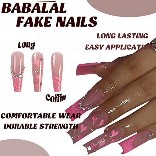 BABALAL Coffin Press on Nails Long Fake Nails Pink French Glue on Nails Shiny Rhinestone Acrylic Nails Heart Ballerina Stick on Nails 24Pcs Valentine's Day False Nails for Women and Girls - Image 5