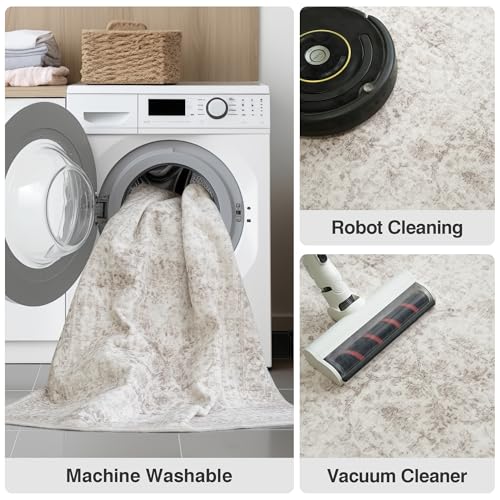 Fmfunctex 9x12 Washable Area Rug Beige Vintage Neutral Distressed Large Non Slip Carpet for Living Room Bedroom Soft Low Pile Indoor Retro Tapis Salon Throw Rug for Dining Room Kitchen Office Nursery