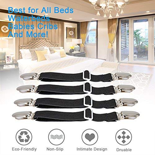 BetyBedy 4Pcs Adjustable Bed Sheet Fasteners Suspenders, Elastic Sheet Band Straps Clips, Cover Grippers Suspenders Holder for Mattress Pad Cover, Sofa Cushion (Black) - Thumbnail 4