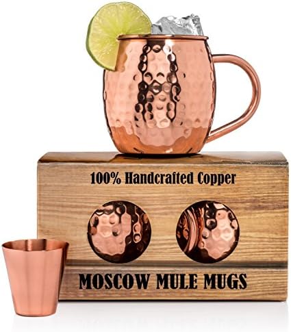 Copper Moscow Mule Mugs [LAUNCH DEAL] , Unique Gift Box Set Includes 2 Luxurious Hammered Copper Mugs With Liquor Jigger, Unlined and Authentic, 16 Oz