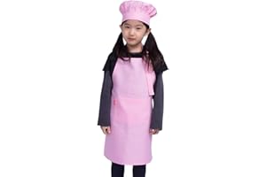 ALIPOBO Kids Apron and Chef Hat Set, Children's Adjustable Bib Apron with 2 Pockets. Cute Boys Girls Kitchen Apron for Cooking, Baking, Painting, Training Wear (6-12 Year, Pink)
