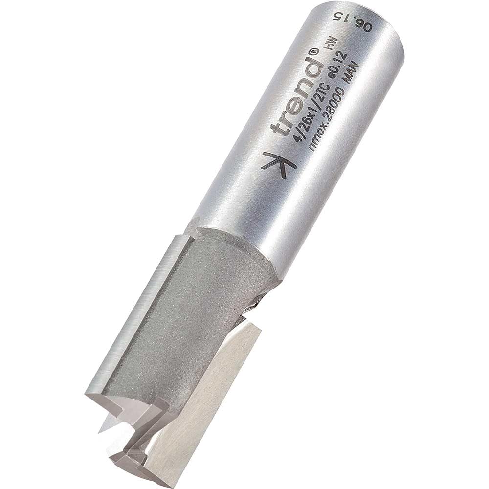 Trend Professional Straight Two Flute Router Cutter, 1/2 Inch Shank, 15.9mm Cut Diameter and 25mm Cut Length, Tungsten Carbide Tipped, 4/26X1/2TC