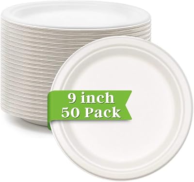 Ask Packaging 9 Inch Compostable Sugarcane Plates 50 Pack Heavy Duty