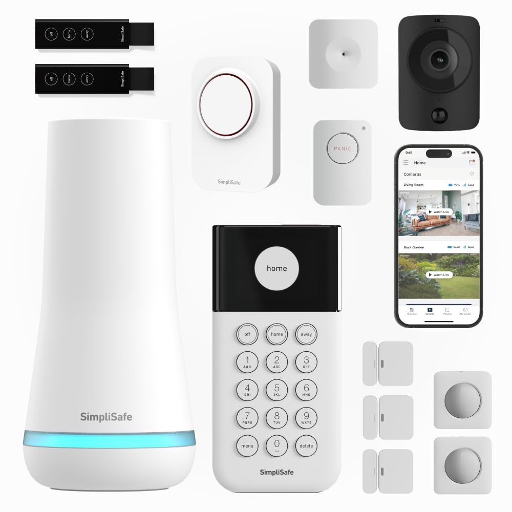 SimpliSafe Home Security System | 13 Piece Home Security Camera & Alarm System with Entry Sensor, Motion Detector & Outdoor Siren - Optional Monitoring Subscription - Compatible with Alexa
