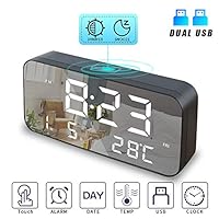 Binteng 9.6" Large LED Digital Alarm Clocks for Bedrooms with Dual USB Charger and Dimmer, Snooze, Temperature, Calendar, 12/24Hr, Large Desk Mirror Travel Clock, Simple Operation for Kids & Adult