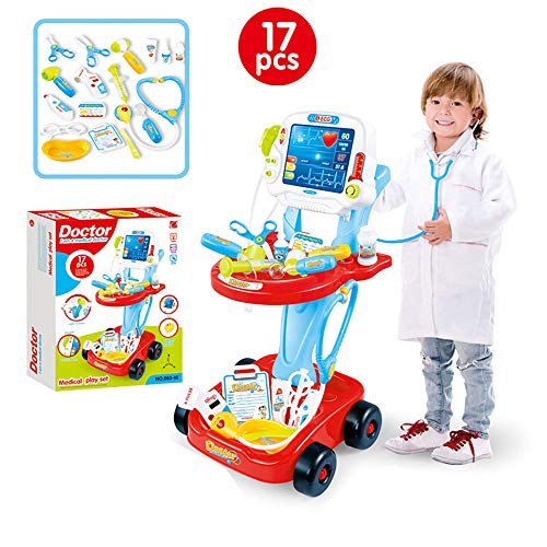 Kids Doctor Playset |17 Piece Toddlers Pretend Doctor Trolley Play Set with Electric Simulation ECG Medical and Stethoscope Toy Kit | Educational Doctor Toys for 3+ Year Olds Boys Girls (Red) - Thumbnail 5