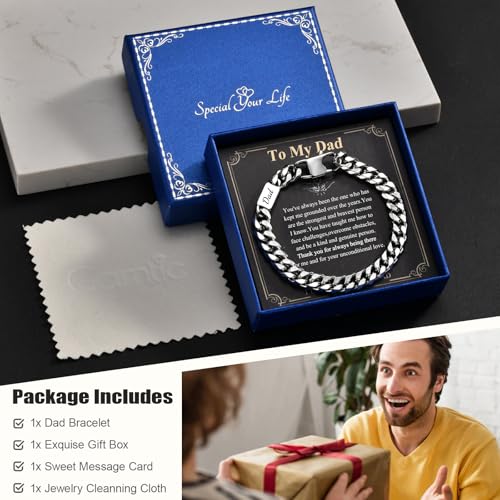 Gamtic Men's Bracelets Fathers' Day Gift - Engraved Silver Cuban Chain Bracelet Love Massage Personalised Dad Bracelets Birthday Valentines Christmas Presents for Men Father Daddy