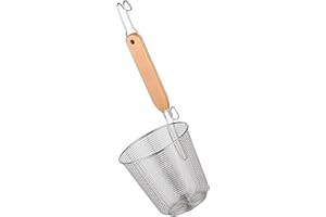 CORHAD Stainless Steel Pasta Strainer Basket with Large Mesh and Wood Handle for Boiling Noodles