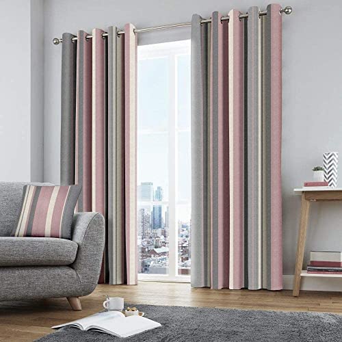 Fusion Whitworth Stripe Paire de Rideaux à œillets 100 % Coton - Rose Poudré - Curtains: 46 Width x 54 Drop (117 x 137cm)