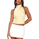 Womens Mock Neck Satin Tank Tops Backless Silk Halter Top Sexy Open Back Sleeveless Crop Tank Top Dressy Casual