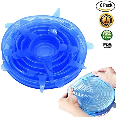 Blue Silicone Stretch Lids Reusable Food Saver Covers Durable and Expandable Set of 6 Cap lids - Superior for Keeping Food Fresh - Dishwasher, Microwave, Oven and Freezer Safe