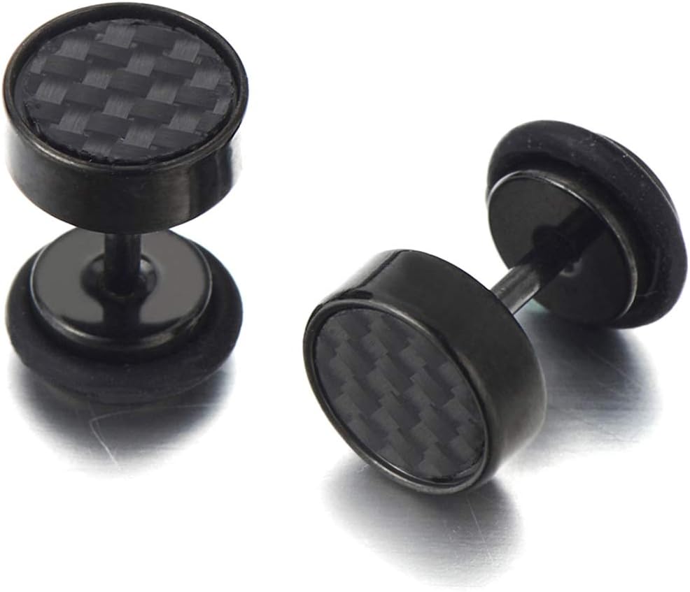8-12MM Mens Black Stud Earrings Stainless Steel Illusion Tunnel Plug Screw Back with Carbon Fiber, 2pcs
