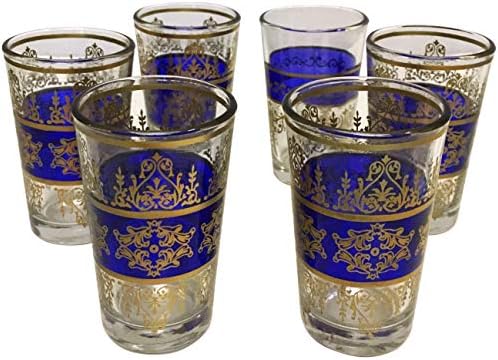 Set of 6 Moroccan Tea Glasses with Trim- Blue Trim - H 9cm
