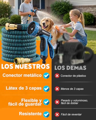 Evviee Manguera Jardin Extensible, Manguera Extensible 30 Metros con 10 Boquillas de Patrón de Pulverización Conector de Latón Tela 3750D Manguera, Adaptadores de 1/2" y 3/4" para Jardinería