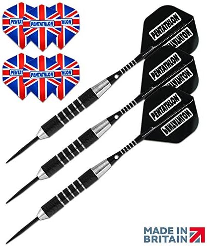 Pentathlon Steel Tip Darts Set - Black Coated Brass Barrels, Flights, Shafts PLUS 2 FREE SETS OF DART FLIGHTS - MADE IN BRITAIN (19)