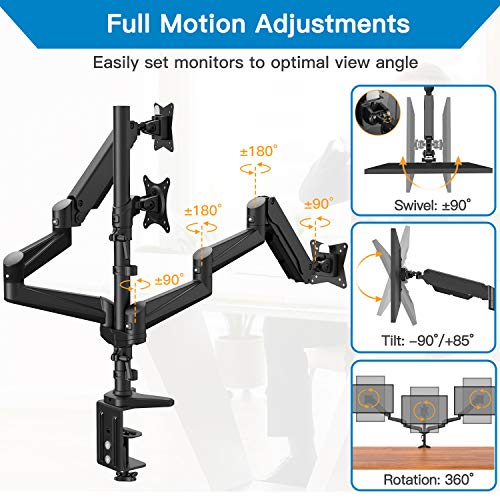 Triple Monitor Stand - Full Motion Articulating Aluminum Gas Spring Monitor Mount Fit Three 17 to 32 inch Flat/Curved LCD Computer Screens with Clamp, Grommet Kit, Black