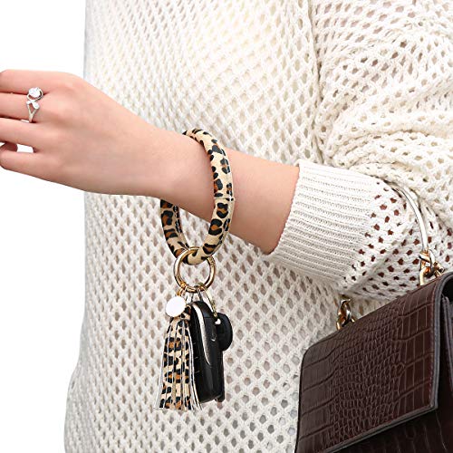 Leather Key Ring Bracelet Keychain, Bling Belle Large Circle Tassel Wristlet Keychain Bangle Key Ring for Women and Girls, Leopard