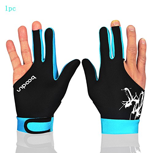 MIFULGOO Man Woman Elastic 3 Fingers Gloves for Billiard Shooters Carom Pool Snooker Cue Sport - Wear on The Right or Left Hand (Black SkyBlue, M)