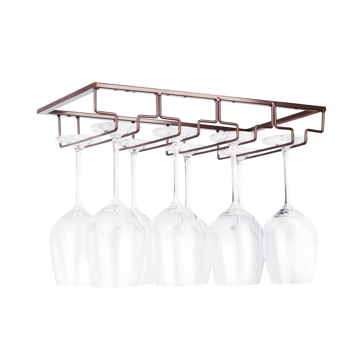 FOMANSH Wine Glass Rack Under Cabinet - Stemware Holder Metal Wine Glass Organizer Glasses Storage Hanger for Bar Kitchen Brown 4 Rows