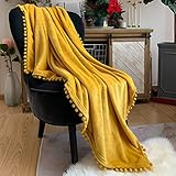 LOMAO Flannel Blanket with Pompom Fringe
