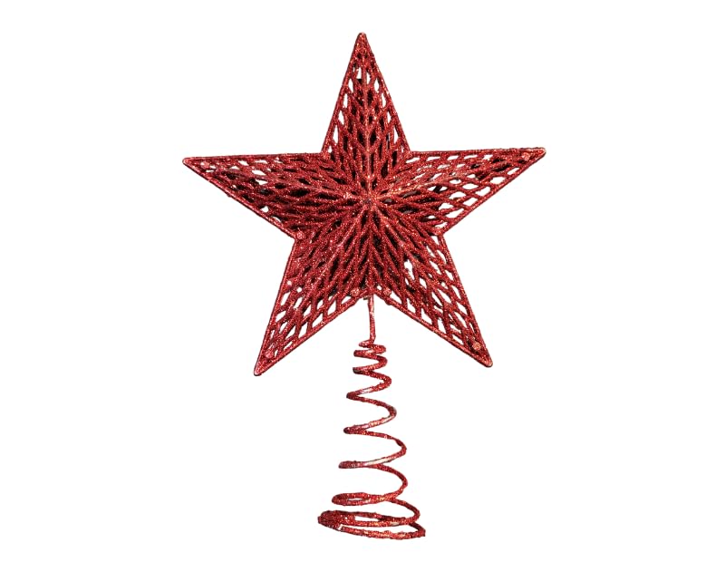 Christmas Metal Glittered Star Tree Topper | 25 cm | Red, Silver | Xmas Star Ornament for Christmas Tree (Red)