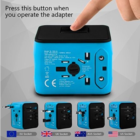 Unidapt International All in One Multi-Nation Worldwide Universal 4-USB Travel Power Adapter Charger - Travel to USA Europe Asia and UK Great for iPhone/Smartphones/Laptops & more (Blue)