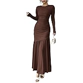 Milumia Women's Ruched Mesh Patchwork Maxi Dress Long Sleeve Bodycon Ruffle Hem Long Dresses