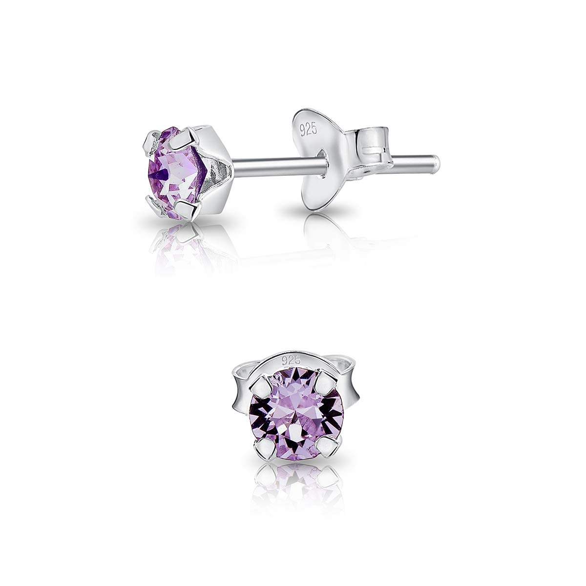925 Sterling Silver Round SMALL Stud Earrings made with Glittering Crystals - Small Silver Studs Earrings for Woman - Diameter: 4 mm - Colour : Violet