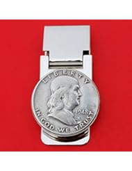 Guild Product: US 1948 Franklin Half Dollar 90% Silver Coin Hinged Money Clip NEW - Silver Plated Coin Bezel