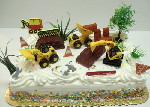 Construction Themed Boys 17 Piece Birthday Cake Topper Set Featuring Front End Loader Truck, Dump Truck, Backhoe Truck and Other Decorative Construction Themed Cake Accessories - Cake Topper Set Includes All Items Shown
