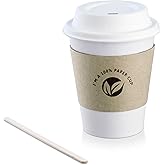 KTOB [100 pack] 12 oz Compostable Coffee Cups with Lids, Kraft Sleeves and Wooden Stirrer Sticks, Eco Friendly Disposable White Paper Cups Combo for Hot Beverage