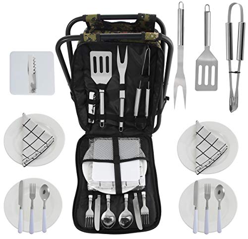 [- POLIGO BBQ Grill-Tools Set in Mehrzweck-Storage-Rucksack Klappstuhl mit isolierten Kühltasc