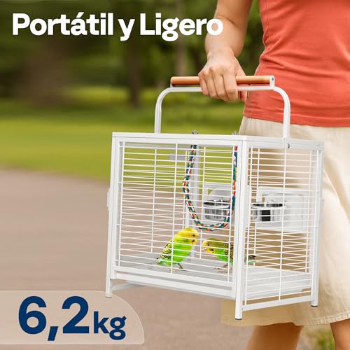 VIVOHOME 48cm Portable Wrought Iron Bird Cage with 2 Feeders, Colorful Rope Perch and Removable Tray, for Parrots, Conures, Parrots, Cockatiels, Budgies, White