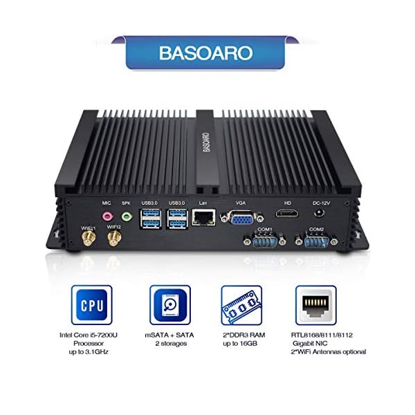 BASOARO-Fanless-Mini-Industrial-PC-Desktop-Computer-Intel-Core-i5-7200U-8G-RAM-256G-SSD-2-RS232-COM-4-USB30-3-USB20-HDMI-VGA-WiFi-Windows-10-Pro BASOARO Fanless Mini Industrial PC, Desktop Computer, Core i5 7200U, 8G RAM 256G SSD, 2 RS232 COM, 4 USB3.0 3 USB2.0, HD…