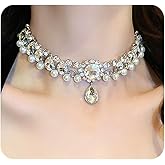 Silver Large Rhinestone Choker Necklace for Women Chunky Pearl Teardrop Crystal Pendant Necklace Sparkling Choker Wedding Prom Anniversary Accessories