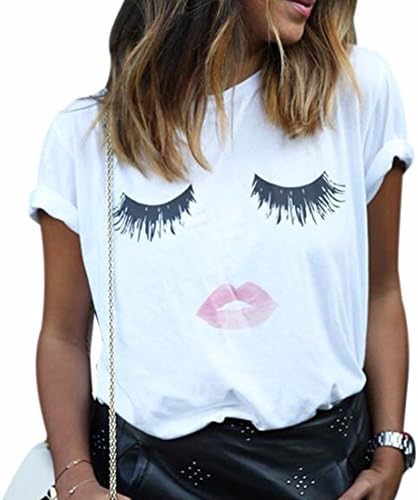 Short sleeve eyelash Red Lips round necklace cotton women shirt blouse