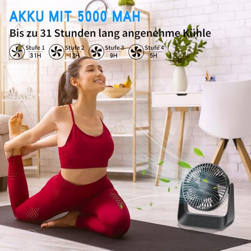 Table Fan with Temperature Control, 5000mAh USB Fan, 5 Speed Levels Including Sleep Mode, Rechargeable Battery Operation, with LED Light & Hook, for Home, Office, Travel, Camping