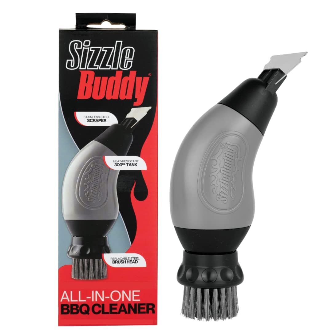 Sizzle Buddy BBQ Brush with Scraper - Stainless Steel BBQ Cleaning Brush - Safe, Durable, Heatproof Bristles - Easily Removes Grease & Food - No Scratch Cleaning Accessory