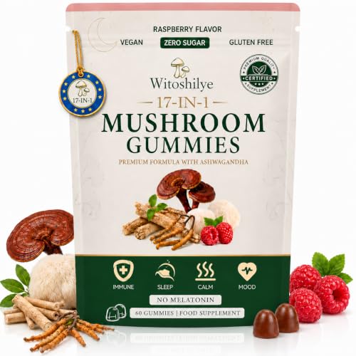 17-in-1 Mushroom Gummies High Strength, Mushroom Supplement with Lion’s Mane, Reishi, Chaga, Ashwagandha, Enhance Focus & Energy & Immunity, for Women and Men, Vegan, Raspberry Flavor (60 Gummies)
