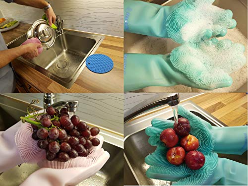 WashMe Magic Silicone Gloves with Wash Scrubber, 1 Pair of Cleaning Gloves for Dishwashing, Pet Bathing, Bathroom and Car Cleaning, Reusable and Heat Resistant Gloves (13.8 inches, XL) (Green) - Thumbnail 4