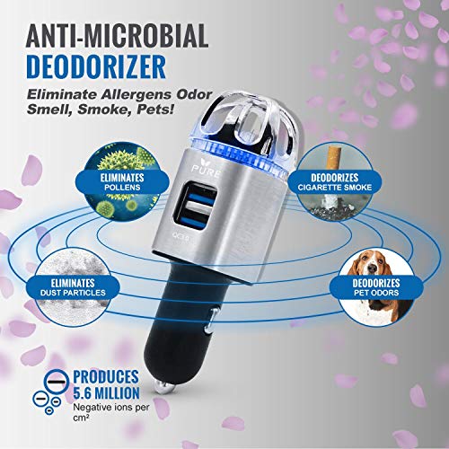 Car Air Purifier 3in1 Premium Stainless Steel HEPA Filter Ionizer w/Dual USB Quick Charge 3.0 USB-Eliminate Allergens Odor Smell, Smoke, Pets, Pollen Mold Bacteria w/Anti-Microbial Deodorizer (Silver) - Thumbnail 5