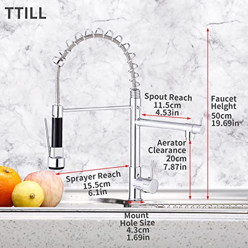 Commercial Kitchen Faucet with Pull Down Sprayer, TTILL Solid Brass Single Handle Spring Kitchen Sink Faucet Two Spout, 360° Rotation, Lead-Free, Chrome Finished